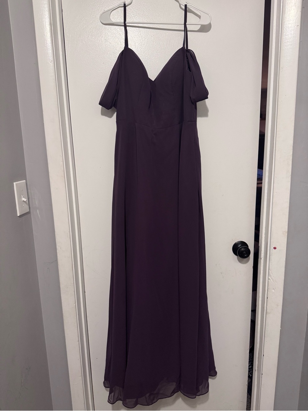Marley Azazie Deep Plum Off-Shoulder Spaghetti Strap Gown size 14